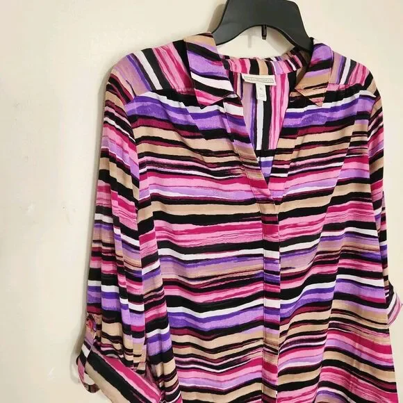 DANA BUCHMAN Top Roll Tab Sleeve Striped Size XL Hide Buttons - Picture 2 of 12